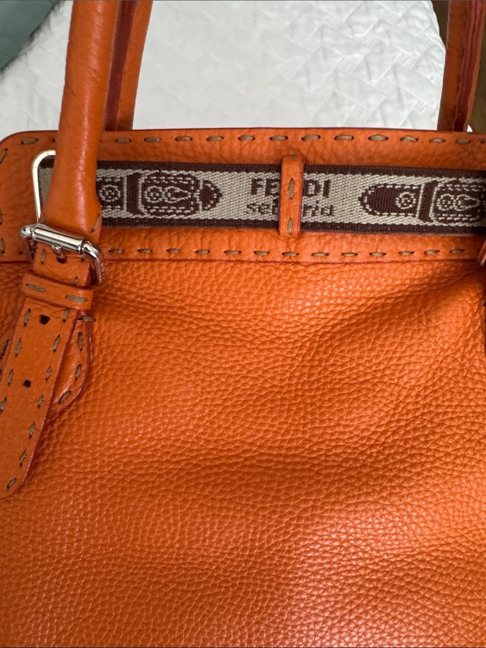 Fendi Orange Pebbled Leather Satchel